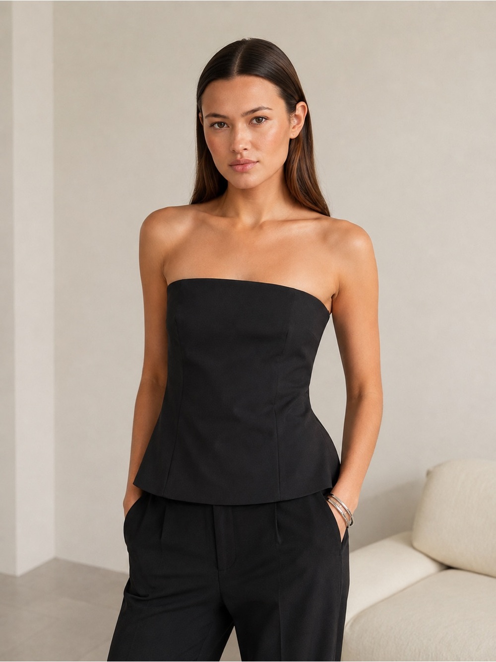 En Saison Strapless Black Peplum Top